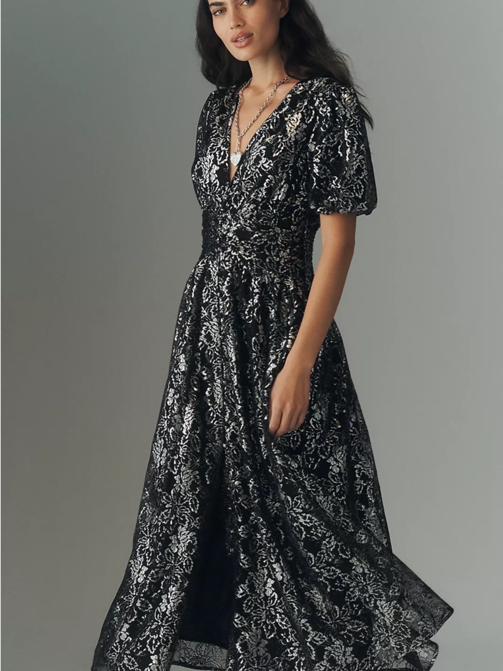 Anthropologie Black and Silver Floral Lace Maxi Dress